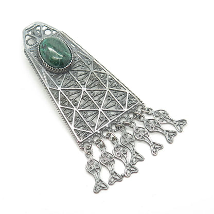 925 Sterling Silver Vintage Real Chrysocolla Gem Filigree Ethnic Slide Pendant