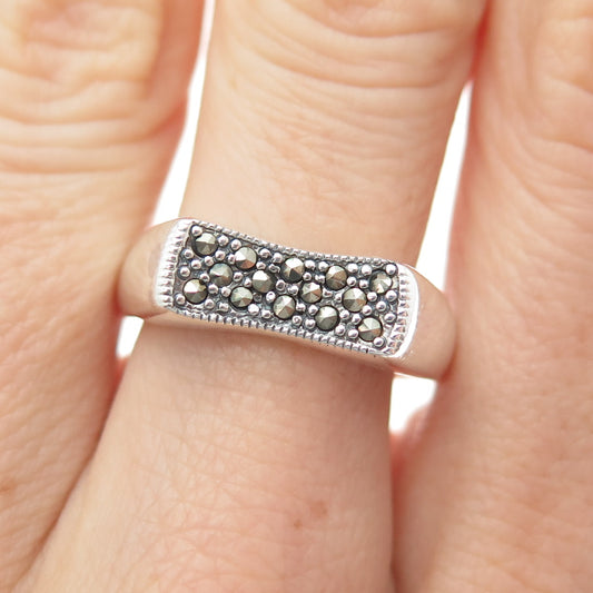 925 Sterling Silver Vintage Real Marcasite Modernist Oxidized Ring Size 8