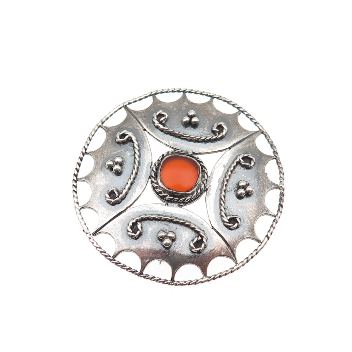 925 Sterling Silver Vintage Real Carnelian Modernist Oxidized Pin Brooch