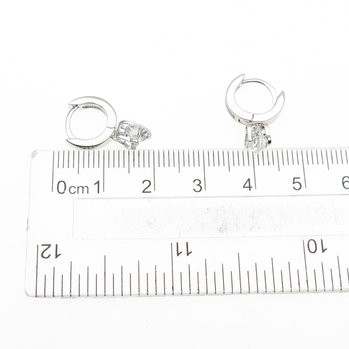 925 Sterling Silver Round-Cut C Z Heart Dangle Hoop Earrings