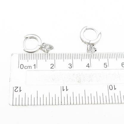 925 Sterling Silver Round-Cut C Z Heart Dangle Hoop Earrings