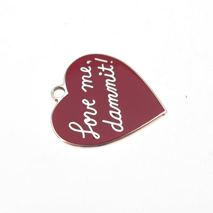925 Sterling Silver Vintage Red Enamel Love Me, Dammit! Heart Charm Pendant