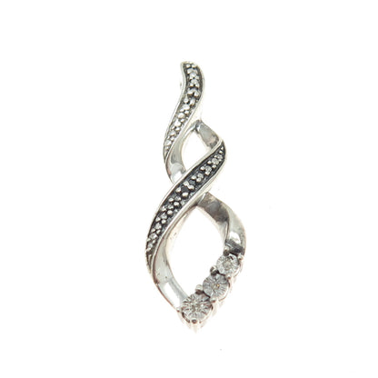 925 Sterling Silver Real Round-Cut Black & White Diamond Twisted Pendant