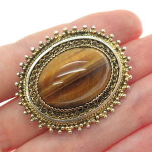 925 Sterling Silver Gold Plated Vintage Israel Real Tiger Eye Pin Brooch Pendant