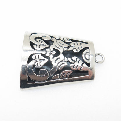925 Sterling Silver Vintage Mexico Aztec Floral Shadow Box Oxidized Pendant