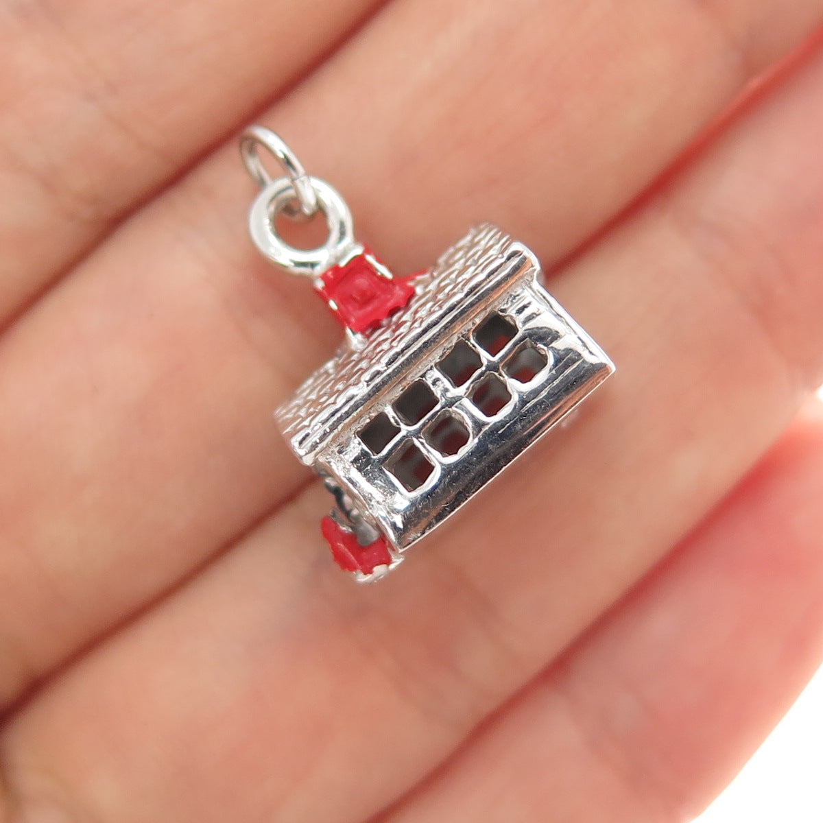925 Sterling Silver Antique Art Deco Enamel House Minimalist 3D Charm Pendant
