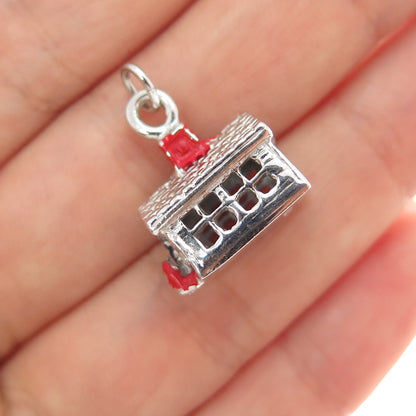 925 Sterling Silver Antique Art Deco Enamel House Minimalist 3D Charm Pendant