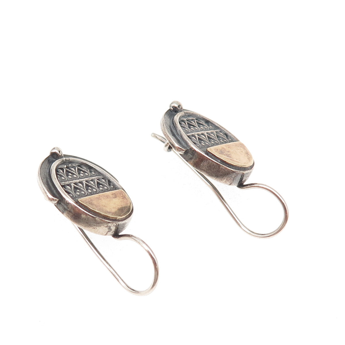 925 Sterling Silver 2-Tone Vintage Modernist Heart Ornate Oxidized Earrings