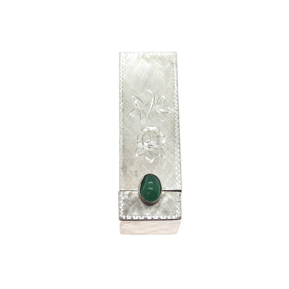 800 Silver Antique Art Deco Real Green Onyx Engraved Tube Slide Lipstick Case