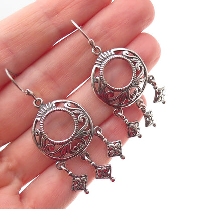 925 Sterling Silver Vintage Crescent Ornate Floral Oxidized Dangle Earrings