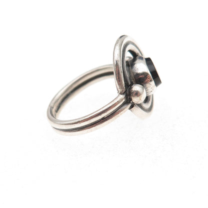 925 Sterling Silver Vintage Real Black Onyx Modernist Oxidized Ring Size 4.75