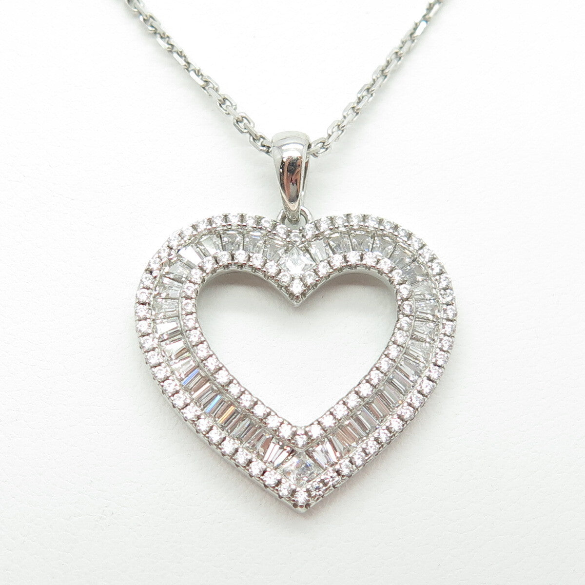 925 Sterling Silver Tapered Baguette & Round C Z Heart Cable Chain Necklace 16"