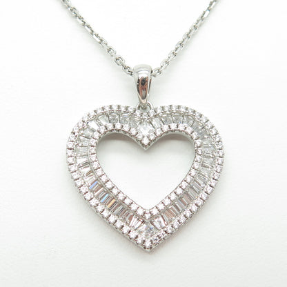 925 Sterling Silver Tapered Baguette & Round C Z Heart Cable Chain Necklace 16"