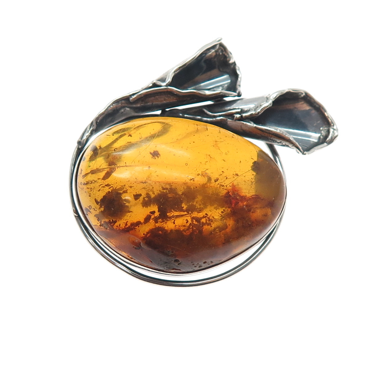 800 Silver Vintage Poland Real Amber Modernist Calla Lily Oxidized Pin Brooch