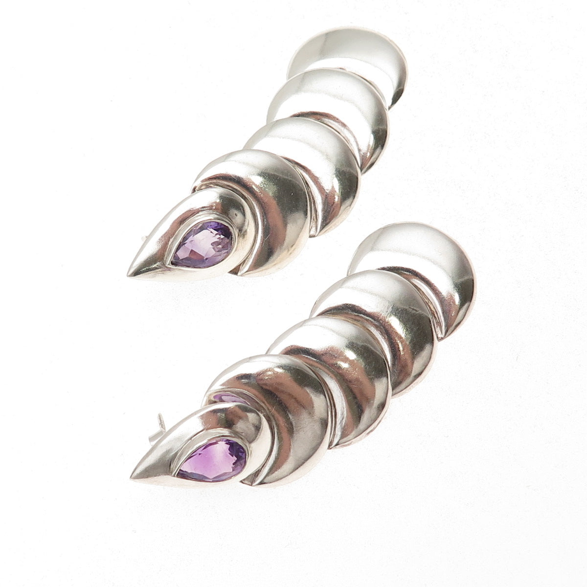 925 Sterling Silver Vintage Real Amethyst Modernist Oxidized Dangle Earrings