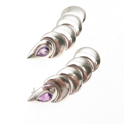 925 Sterling Silver Vintage Real Amethyst Modernist Oxidized Dangle Earrings