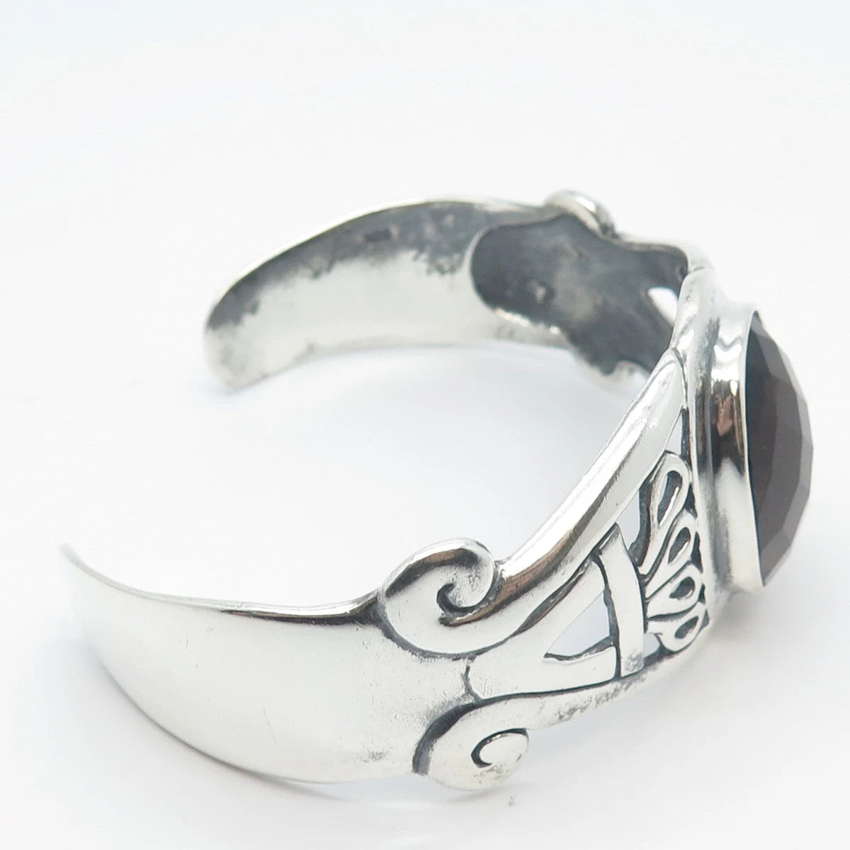 925 Sterling Silver Vintage Smoky Quartz Ornate Adjustable Cuff Bracelet 7.5"