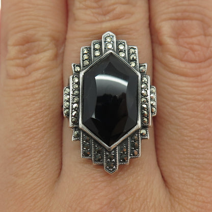 UNCAS 925 Sterling Silver Antique Black Onyx & Marcasite Gem Ring Size 7.5