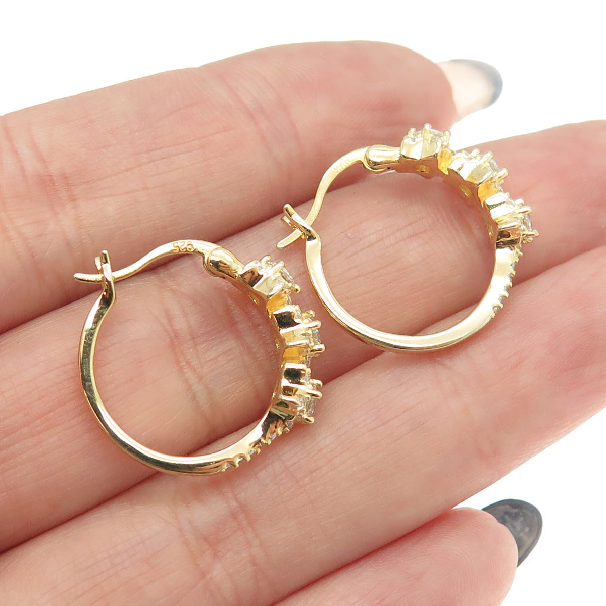 925 Sterling Silver Gold Plated Round-Cut C Z Floral Hoop Earrings