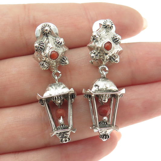 800 Silver Vintage Italy Real Coral Street Light Dangle Clip On Earrings