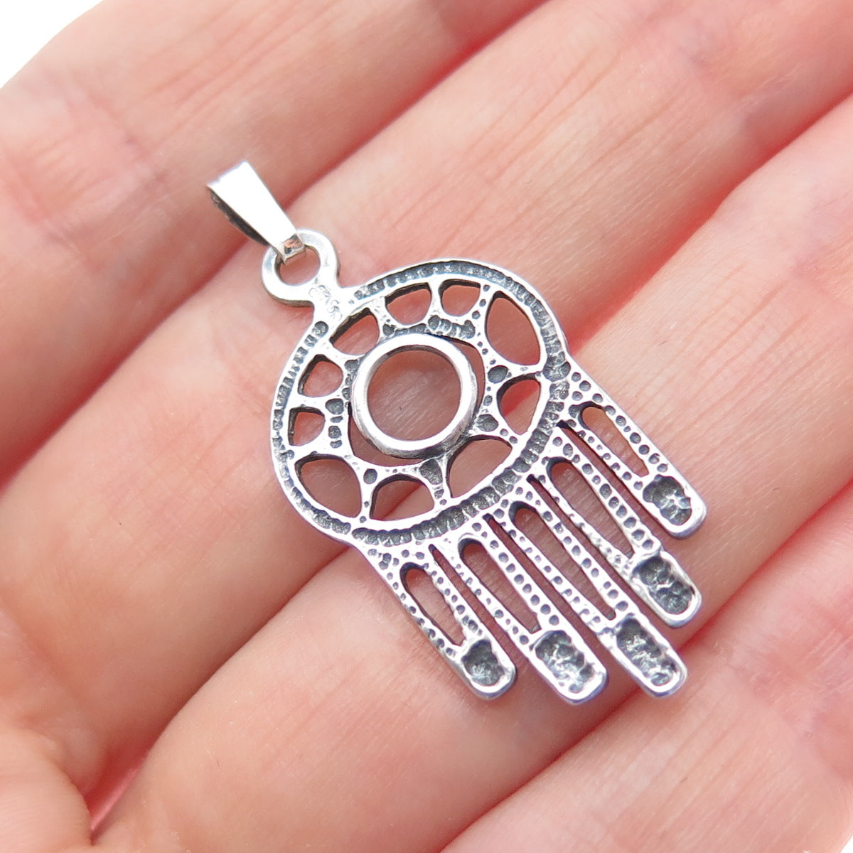 925 Sterling Silver Vintage Hamsa Amulet Oxidized Charm Pendant