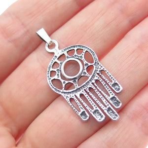 925 Sterling Silver Vintage Hamsa Amulet Oxidized Charm Pendant