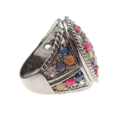 925 Sterling Silver Black Rhodium Real Multi-Color Sapphire Ring Size 7.75