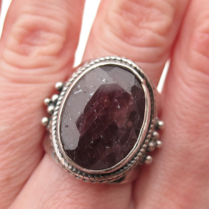 925 Sterling Silver Vintage Real Ruby Modernist Oxidized Ring Size 8.5