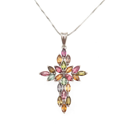 925 Sterling Silver Real Multi-Color Tourmaline Cross Box Chain Necklace 18"