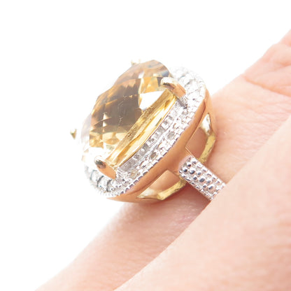 925 Sterling Silver Gold Plated Real Diamond & Cushion-Cut Citrine Ring Size 6