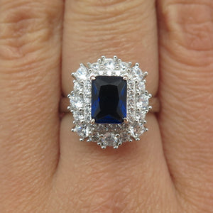 DSMK 925 Sterling Silver Radiant-Cut Nano Sapphire & Round-Cut C Z Ring Size 7