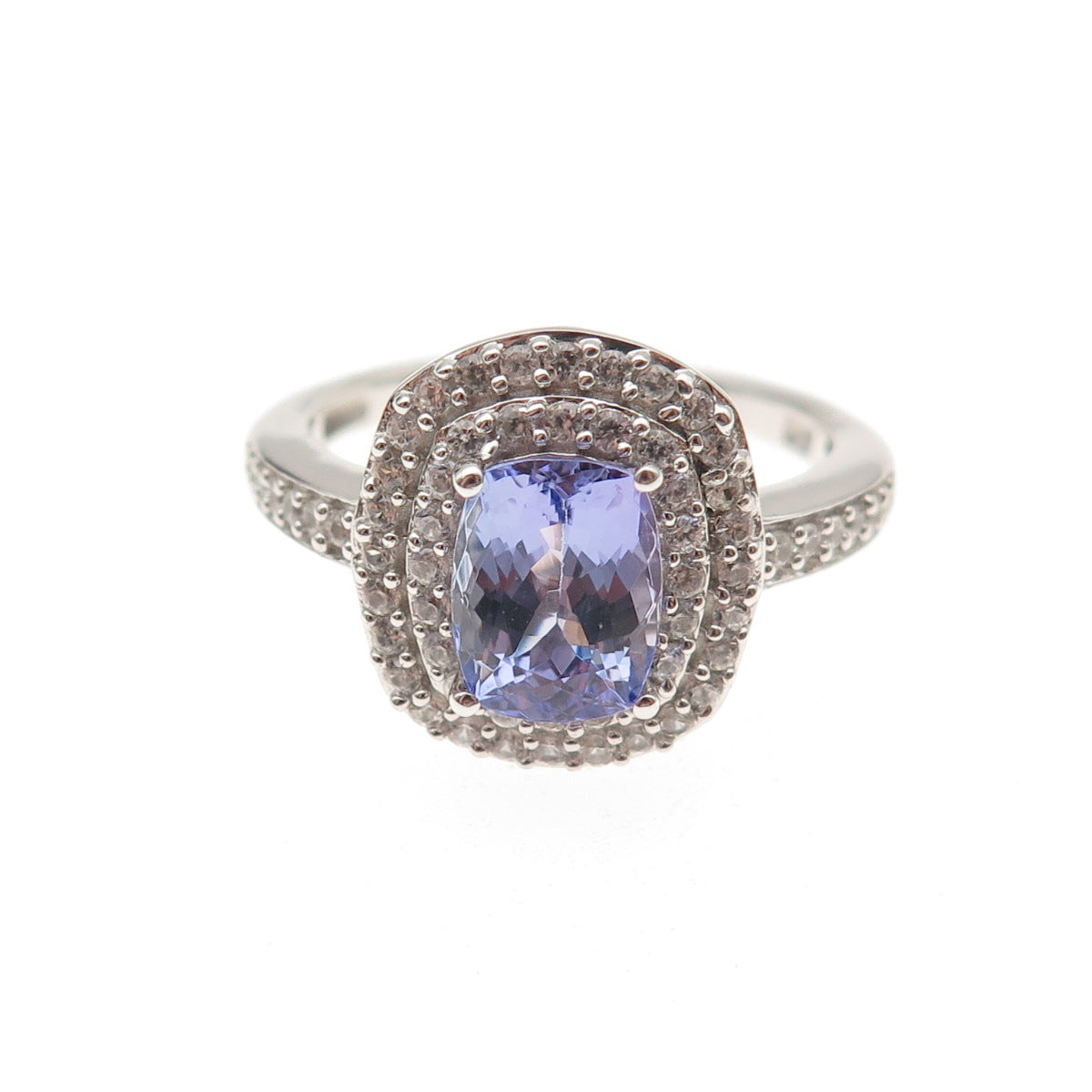 925 Sterling Silver Real Tanzanite & Round-Cut White Topaz Ring Size 8
