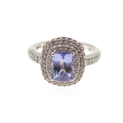 925 Sterling Silver Real Tanzanite & Round-Cut White Topaz Ring Size 8