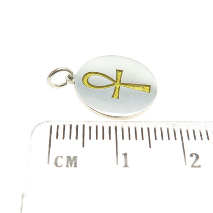 925 Sterling Silver Yellow Enamel Egyptian Ankh Round Minimalist Charm Pendant