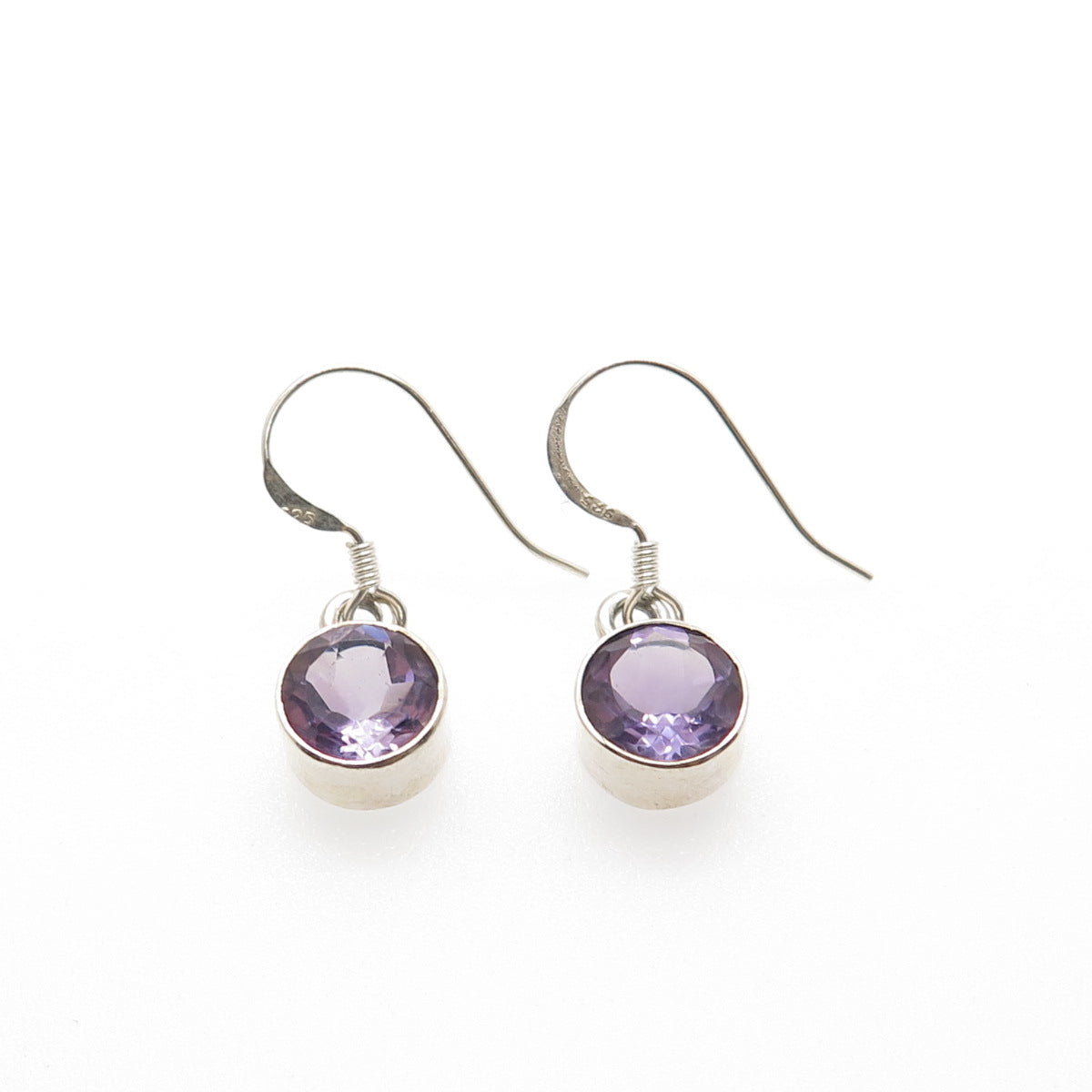 925 Sterling Silver Vintage Real Round-Cut Amethyst Dangle Earrings