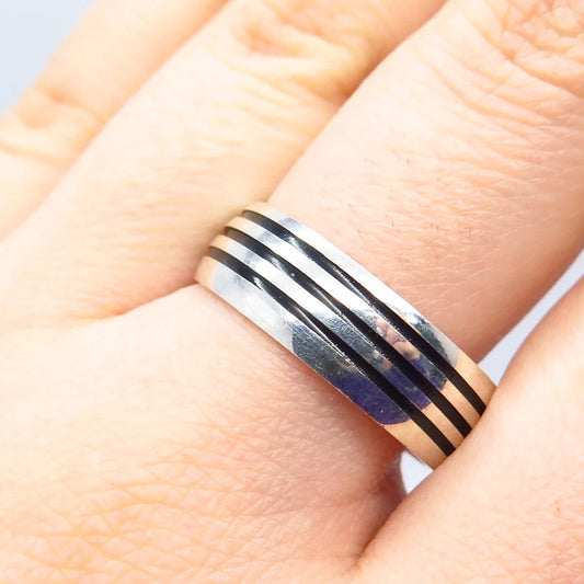 925 Sterling Silver Vintage Enamel Striped Band Ring Size 9.75