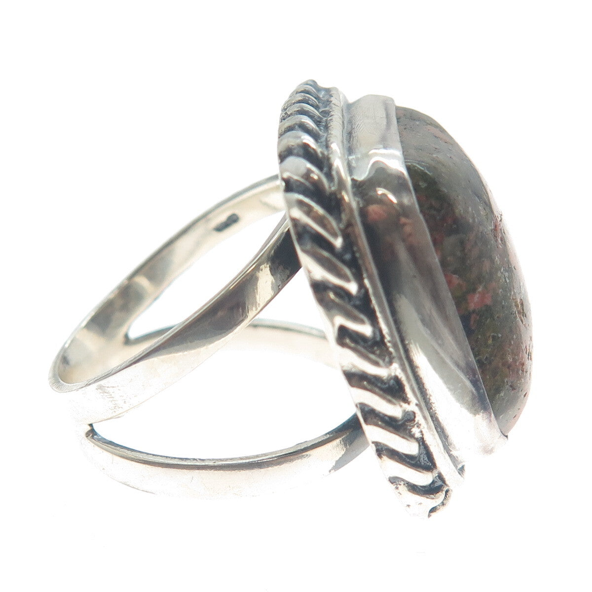 925 Sterling Silver Vintage Real Cushion-Cut Unakite Roped Bezel Ring Size 8.25