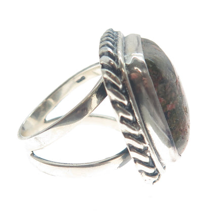 925 Sterling Silver Vintage Real Cushion-Cut Unakite Roped Bezel Ring Size 8.25