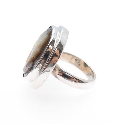 925 Sterling Silver Vintage Real MOP Carved Athena Goddess Cameo Ring Size 5