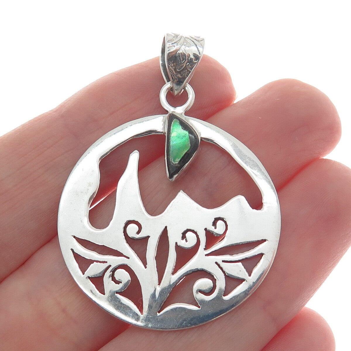925 Sterling Silver Vintage Real Abalone Shell Lace / Ornate Round Pendant