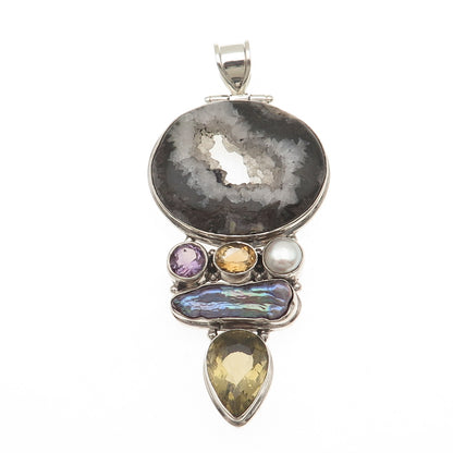 925 Sterling Vintage Agate Pearl Amethyst Citrine & Smoky Quartz Large Pendant