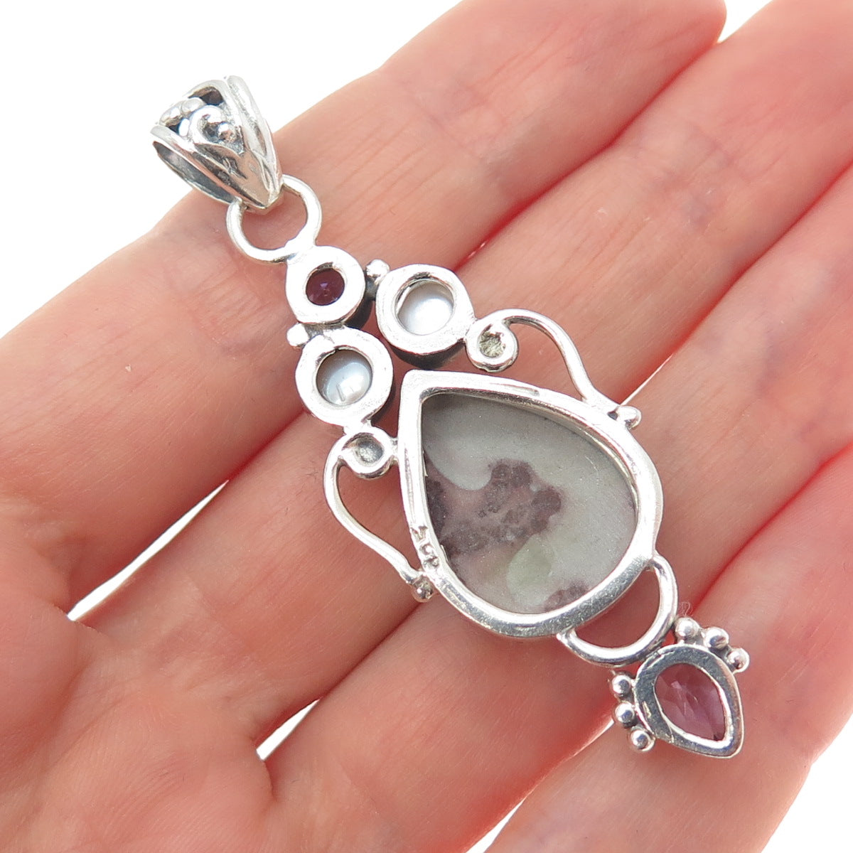 925 Sterling Silver Vintage Real Pearl Amethyst & Jasper Modernist Pendant