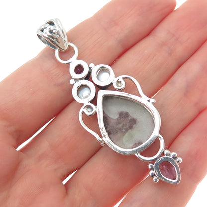 925 Sterling Silver Vintage Real Pearl Amethyst & Jasper Modernist Pendant