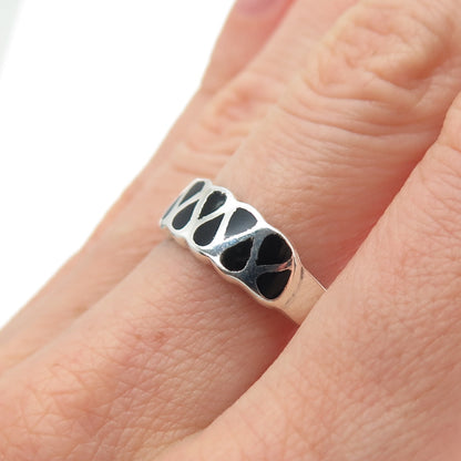 925 Sterling Silver Vintage Real Black Onyx Modernist Zig Zag Ring Size 7.75