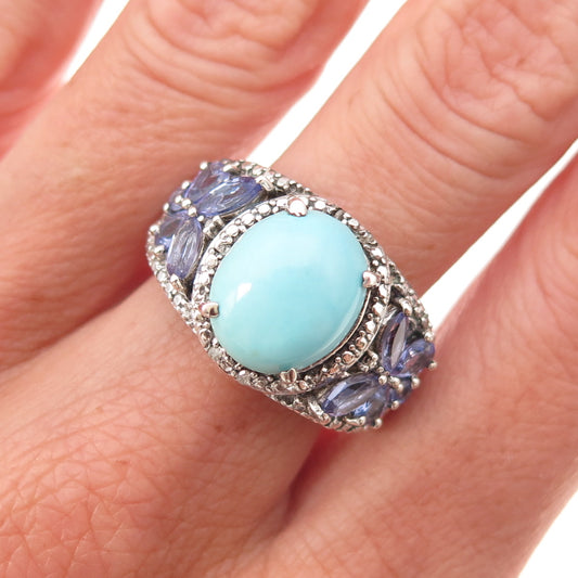 Chuck Clemency Sterling Silver Real Diamond Turquoise & Tanzanite Ring Size 8.25