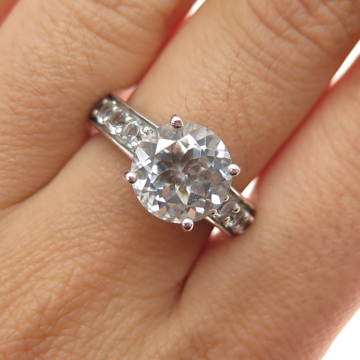 CHUCK CLEMENCY 925 Sterling Silver Real White Topaz Engagement Ring Size 7