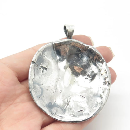 925 Sterling Silver Vintage Brutalist Modernist Large Round Pendant