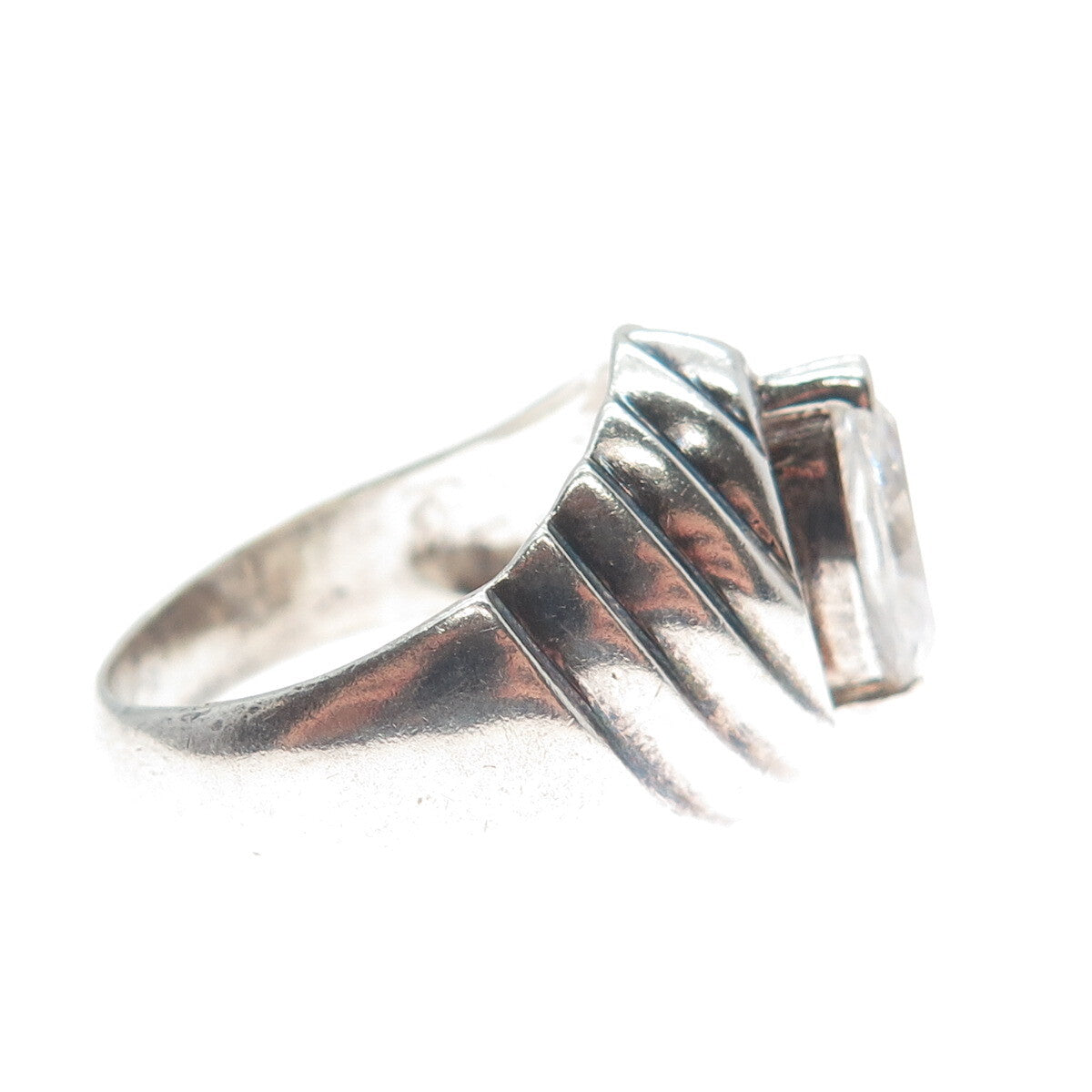925 Sterling Silver Vintage Marquise-Cut Shaped C Z Ribbed Ring Size 9.25
