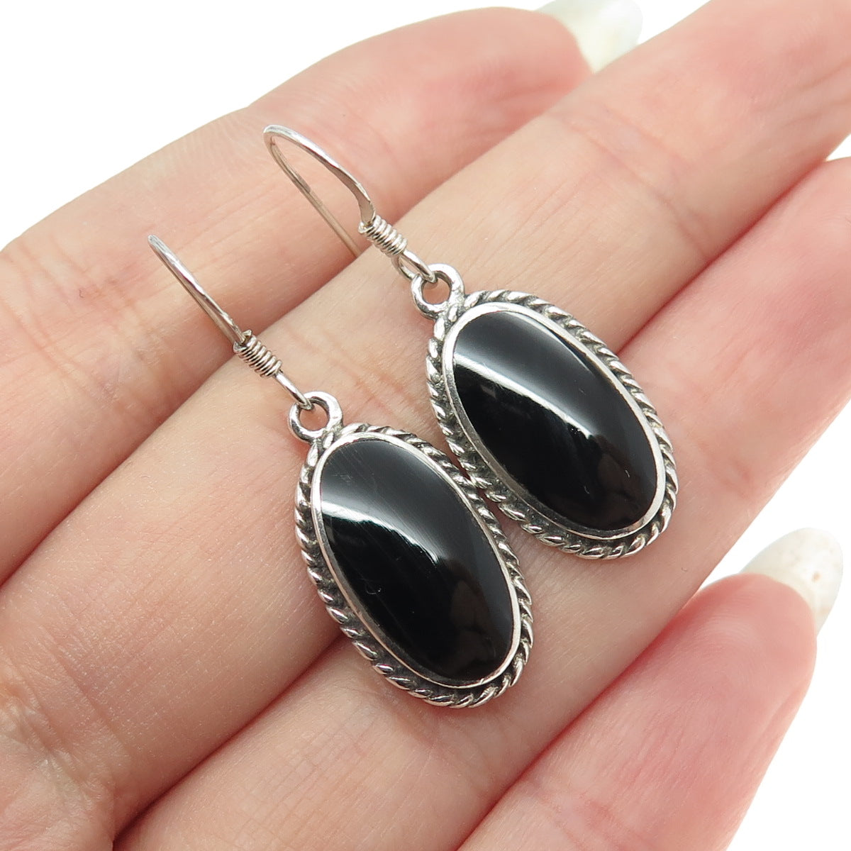 925 Sterling Silver Vintage Real Black Onyx Roped Dangling Earrings