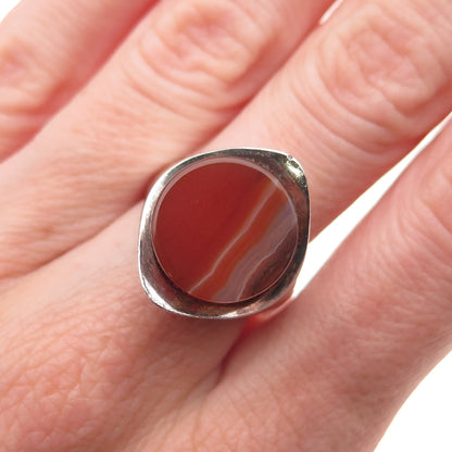 925 Sterling Silver Vintage Real Agate Modernist Oxidized Ring Size 7.25